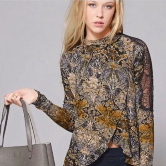 Free People New World Nouveau Jersey Lace Inset Top in Coal Combo - Picture 1 of 6